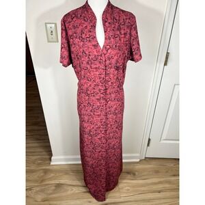 VTG Dark Floral Red Rose Maxi Dress Women L Tie Back S/S Romantic Whimsigoth 90s
